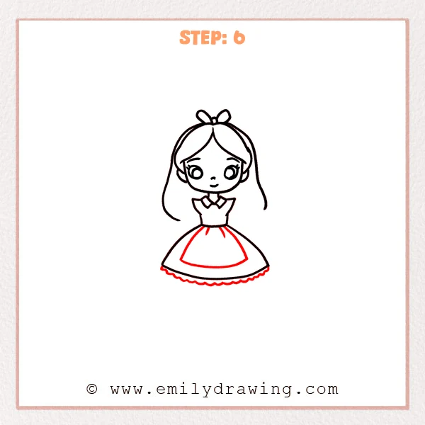 how to draw an alice in wonderland - Step 6: A centered apron panel and scalloped lace trim are added to Alice in Wonderland’s dress.